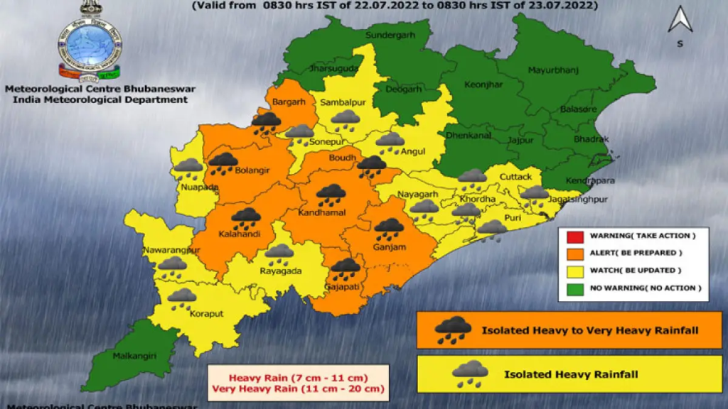 Odisha's Weather Woes: Orange Alert Declared for Next 48 Hours 2 color-coded map of Odisha indicating the districts under orange and yellow weather alerts