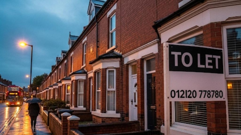 A row of typical British terraced houses with a 'To Let' sign