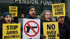 Pension fund headquarters opposing Pension Fund arms investments.