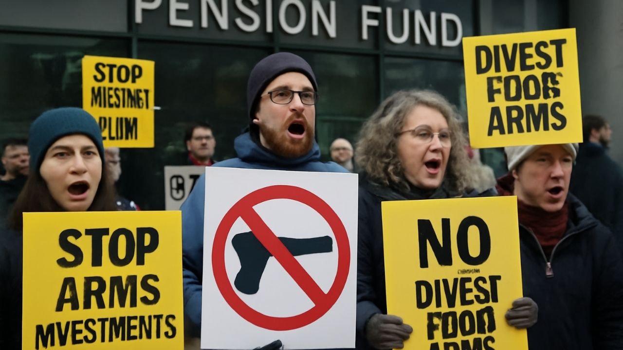 Pension fund headquarters opposing Pension Fund arms investments.