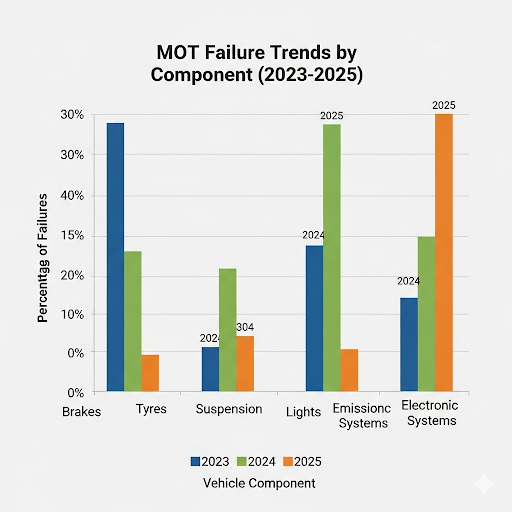 New MOT Rules for September 2025: What Drivers Need to Know 2 MOT failures attributed to different vehicle components from 2023 to 2025