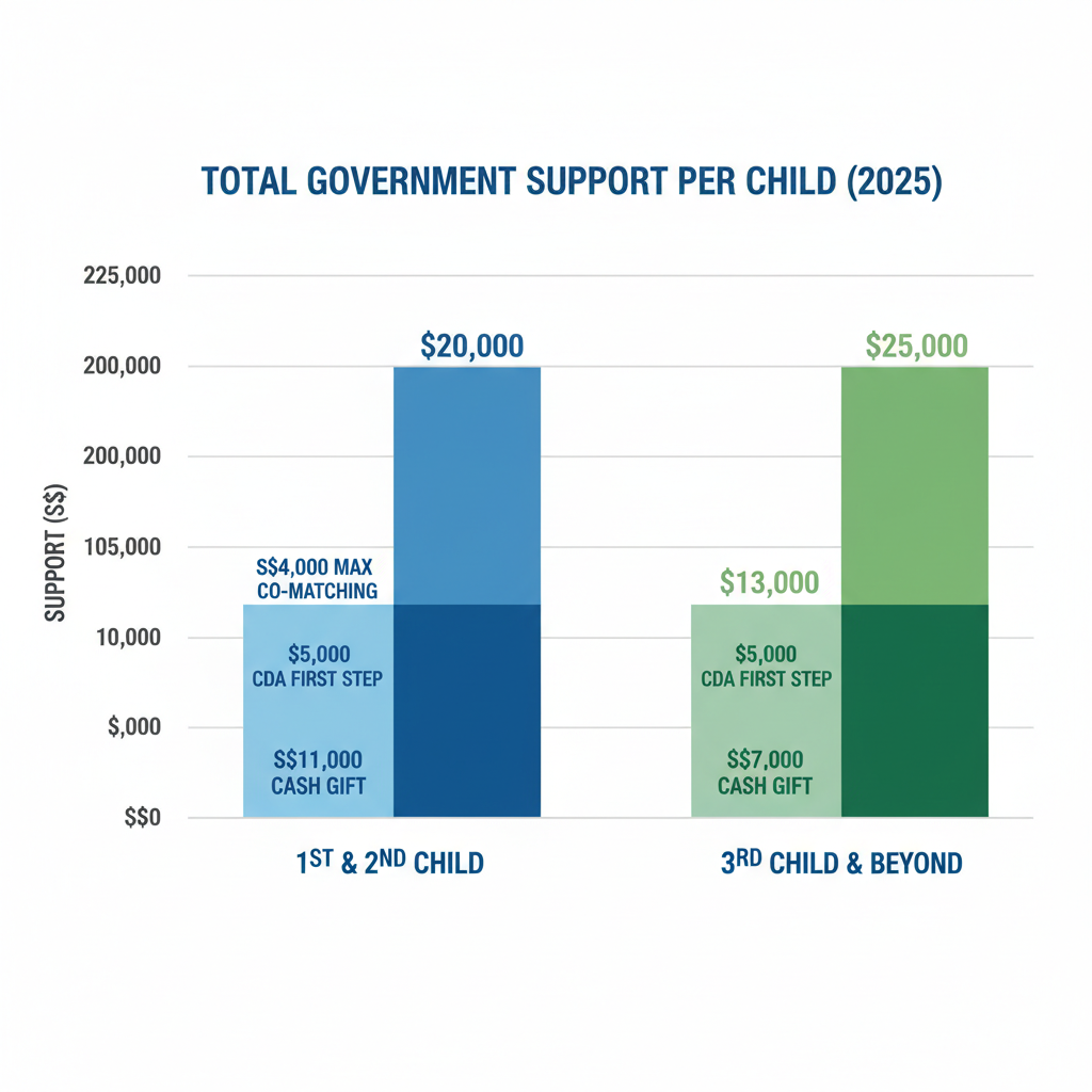 Comparing the total potential government support for a first child (S20,000) versus third child (S25,000) under the Singapore Baby Bonus Scheme.