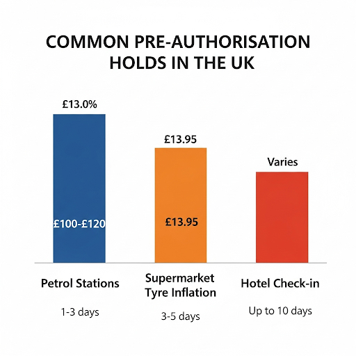 Comparing common pre-authorisation hold amounts and release times in the UK.