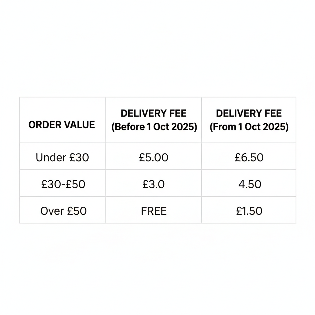 Comparison table showing the old versus new Amazon Fresh delivery fee structure in the UK.